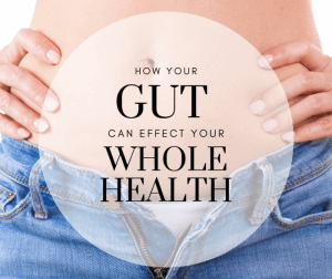 picture of the stomach and the words how your gut health can effect your whole health, how better hormonal health equals better gut health