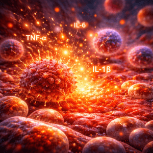 picture depicting inflammation and inflammatory cytokines like IL-6 and TNF-alpha to illustrate mitochondria dysfunction causing inflammation